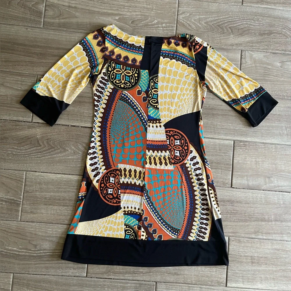 Papillon Blanc Geometric dress Black Yellow Orange size large Lightweight retro - Picture 2 of 9